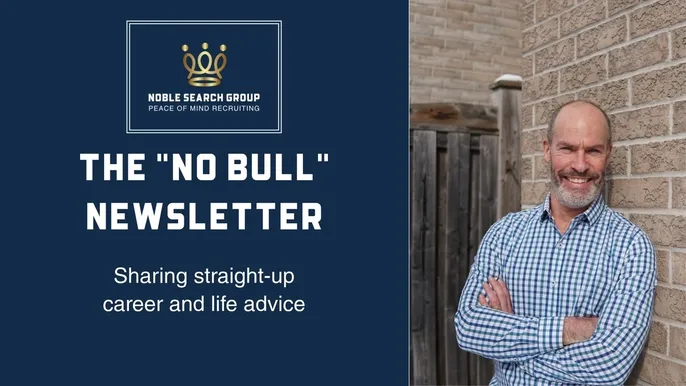 Man standing next to a promotional banner for a newsletter offering honest career and life advice.