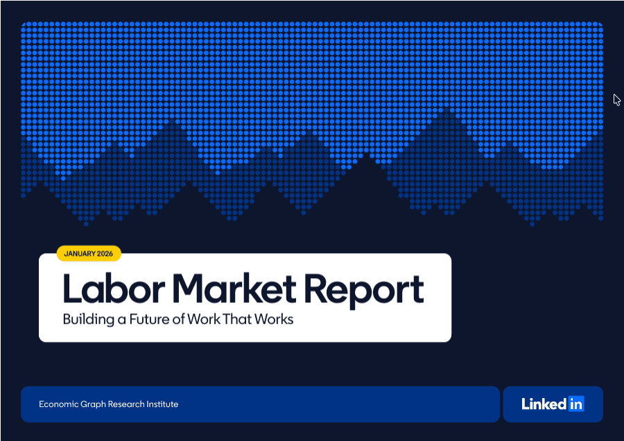 Labor market report with blue mountain graph background and headline.