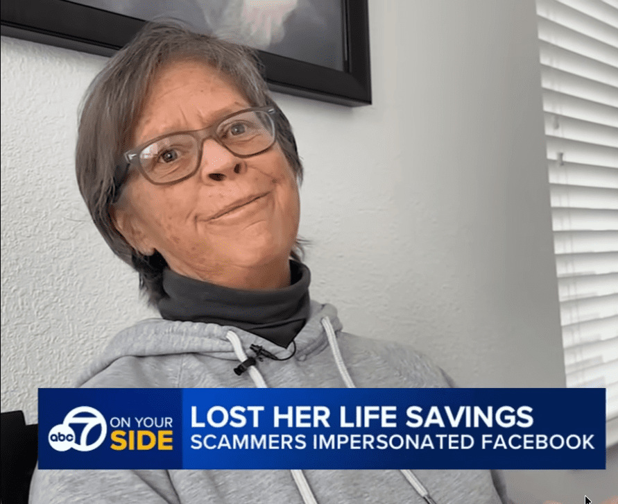 Woman wearing glasses with a news caption about lost life savings due to Facebook scammers.